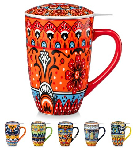 vancasso KRVI 540ml Porcelain Infuser Tea Mug with Lid, Marrakech Bloom | Bohemian Style Coffee Mug with Handle, Perfect for Loose Tea, Fruit Tea, and Flower Tea, Microwave and Dishwasher Safe