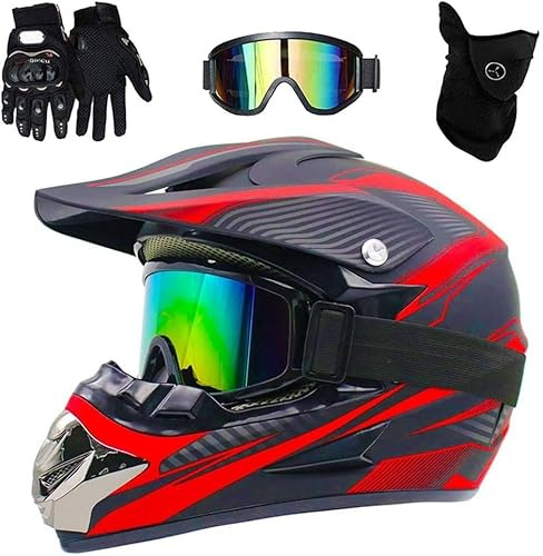 Cascos De Motocross para Niños, Adultos Y Jóvenes, Casco Dot Todoterreno para Motocross, ATV, BMX, MX, Descenso, Quad, Todoterreno, Casco Integral para Motocicleta, Red Lines, M(54-55cm)