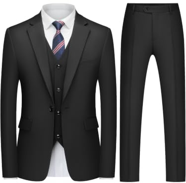 QUELDRA Men's Suits 3 Piece Slim Fit 1 Button Business Formal | Blazer, Waistcoat, Trousers, Wedding Party Dress Suit, Single Breasted