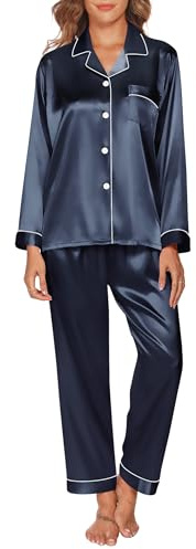 Gaeshow Pyjamasset för kvinnor, silke, satin, pyjamasset, långärmade, sovkläder, myskläder för alla årstider, Mörkblått, S