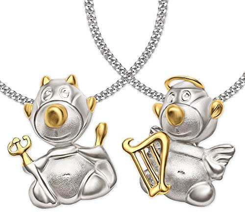 CLEVER SCHMUCK - Set di 2 ciondoli per partner in argento, diviso con angelo e diavolo, bicolore, con 2 catene a maglia barbazzale da 50 cm, in argento Sterling 925 parzialmente placcato oro