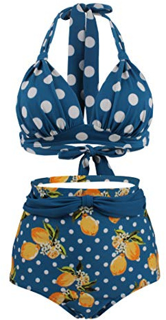 Bslingerie® 2-delat set med retro halterbikini, baddräkt med hög midja, Blå blommig, M