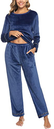 Nieery Pyjamas flanell dam vinter varm Nicki hemmadräkt tvådelad fleece pyjamas-set mysig rund hals tröja och långa byxor, Marinblå, XXL