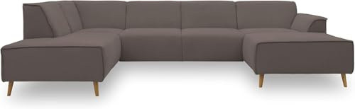 DOMO. collection Wohnlandschaft Jules FK, skandinavisches Sofa mit Federkern, Couch in U-Form mit Holzfüßen, 333 x 191 x 81 cm (BxTxH), Longchair rechts, braun (khaki)