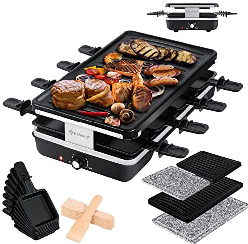 KESSER® El raclette grill con piedra de parrilla natural, placa de parrilla de mesa para 8 personas, parrilla eléctrica de raclette placa de parrilla con revestimiento antiadherente, 8 sartenes, negro
