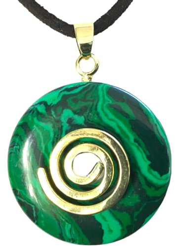 Steinfixx® - Premium Malachitglas Donut optional als Kette mit Silber- oder Goldanhänger und 80cm Lederband | Heilstein | Edelstein | Chakra-Stein (Modern)