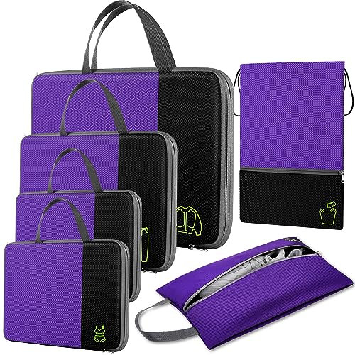 Packing Cubes Kompression 6 Set, SIMBOOM Koffer Organizer Packwürfel Packtaschen für Rucksack und Koffer Reise Kleidertaschen - Purpur & Schwarz