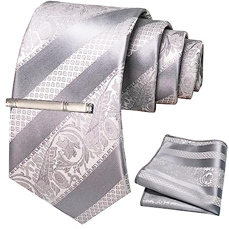 JEMYGINS Ensemble de cravates pour Hommes avec Motif de Roses et de Rayures Mélangées comprenant une Épingle à Cravate et un Mouchoir Gris (rayures grises)