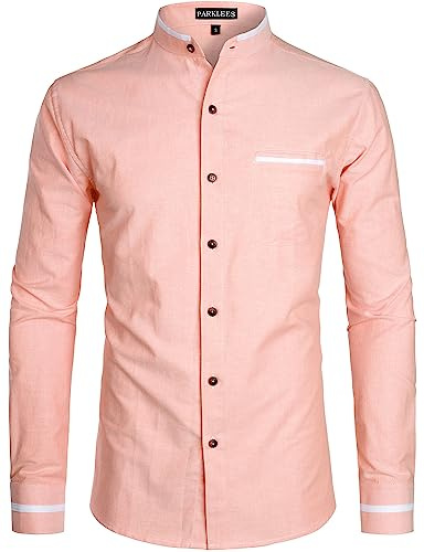 PARKLEES Chemise Oxford à manches longues et col montant pour homme - Coupe ajustée - Couleur unie - Avec poche de poitrine, S