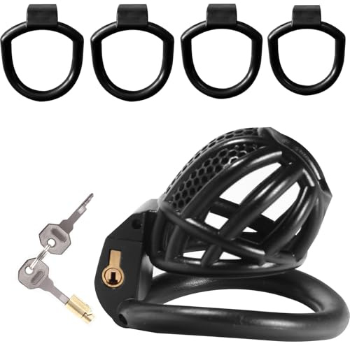 BDSMJOY Cage à Pénis 3D Légèr avec 4 Tailles Anneaux de Pénis Amovibles, Sissy Sex Toy Cock Cage Men Sex Toýs jouet sexualité couple Sextoy homme (Noir)