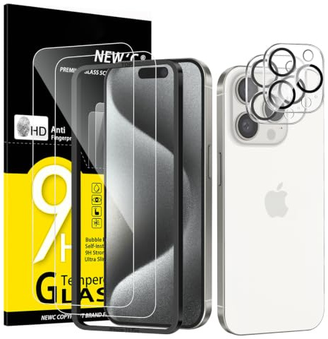 NEW'C Verre Trempé pour iPhone 15 Pro, Protection Écran + Caméra | Outil inclus, Lot de 4, 2x vitres trempées + 2x protections caméra, Transparent, 6,1 pouces, Vitre Protection Écran