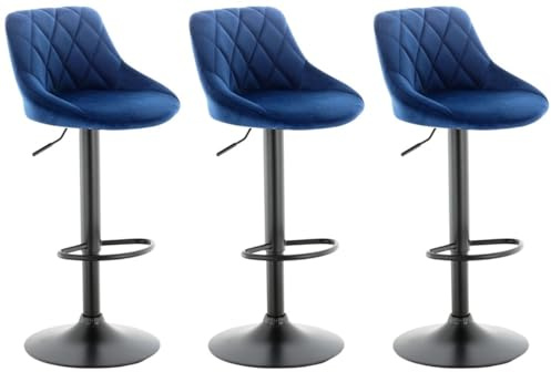 MILLIES DESIGN Set of 3 matching VALENCIA Velvet Bar Stools Set Velvet Exterior, Adjustable Swivel Gas Lift, Black metal parts for Breakfast Bar, PACK OF 3 ! (BLUE)
