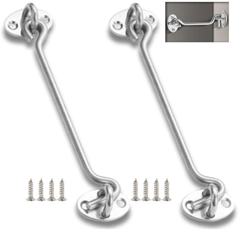 ORTAVA 2 ganci tempesta in acciaio inox, 6 pollici/150 mm, con occhiello, chiavistello per porta, ganci per persiane, porta fienile, cancello da giardino, porta del garage con 8 viti (argento)