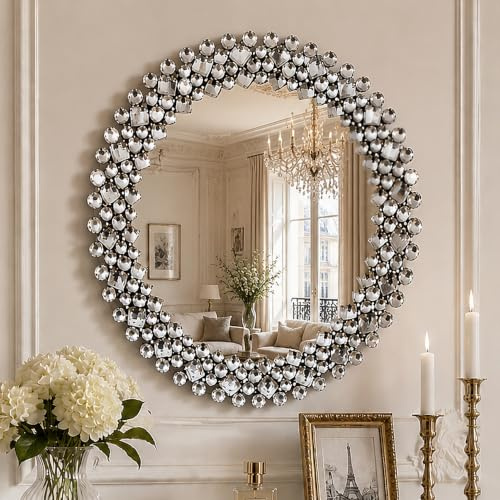 SHYFOY 45cm Runder Spiegel Silber Spiegel Rund Wandspiegel mit luxuriöser Schmuckdekoration für Badezimmer, Waschtisch, Wohnzimmer, Schlafzimmer, Eingang Wanddekoration