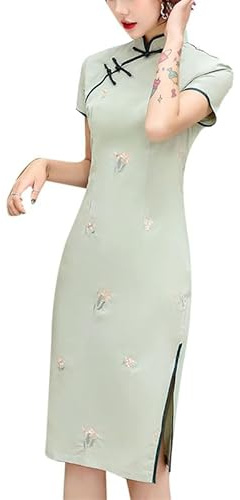 keephen Estate Cotone Lino Cheongsam Mandarino Colletto Manica Corta Spacco Laterale Signore Colore Solido Stile Cinese Abito Qipao
