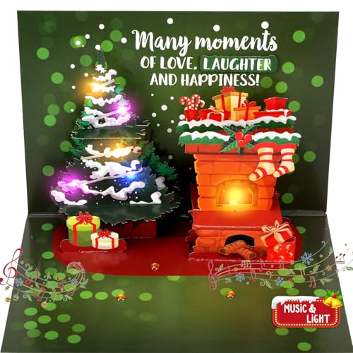 Weihnachtskarte, Weihnachtskarte mit Musik, Pop-Up Karte Weihnachten mit Weihnachtsbaum und Kamin als geschenk für Kinder Frauen Männer Junge Mädchen Kunden, Weihnachtskarten mit umschlag