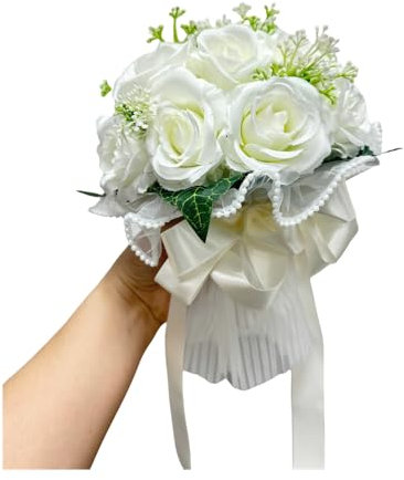 Bouquet de roses artificielles avec gaze, bouquets de mariage pour mariée, 18 têtes de fleurs pour décoration de fête prénuptiale, cérémonie, anniversaire, retour à la maison (blanc)