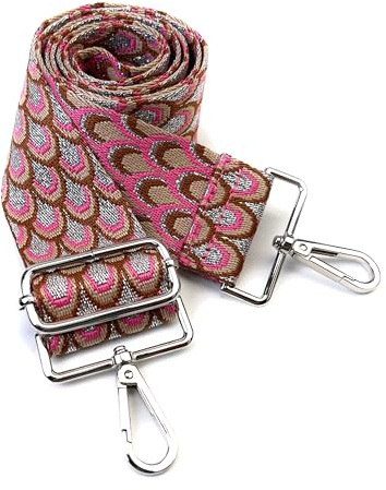 VersaKits 2 tum silvertråd rosa påfågeltryck extra bred axelrem med silverspännen gitarrstil justerbar ersättningsrem för crossbody-väska handväska