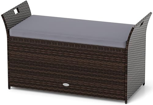 COSTWAY 260L Garden Storage Box, 2-In-1 Outdoor Rattan Deck Box Chest Container with Seat Cushion, Pneumatic Rods & Cut-Out Handles, Patio Storage Bench for Cushion Tool Toy