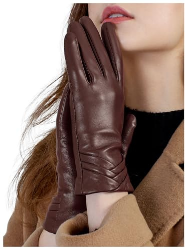 GSG SINCE 1998 Women’s Touchscreen Genuine Leather Gloves – Chrome-Free Sheepskin, Wool Lined, Warm Winter Driving Gloves Chesnut Brown Medium