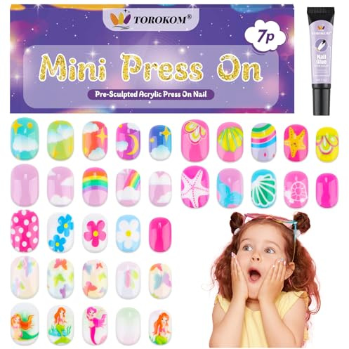 TOROKOM Kit de Faux Ongles pour Enfants - 168 Pièces Ongles Press On avec Colle de Construction, Faux Ongles Courts Pleine Couverture pour Filles - Anniversaire, Fête, Noël