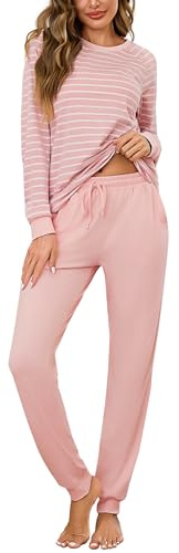 Litherday Pigiama Donna Cotone Lungo Pigiama Due Pezzi Invernale Collo Rotondo Pigiami a Righe Abbigliamento da casa
