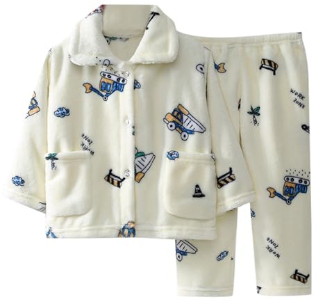 Generisch 2026 - Set pigiama in pile per bambini e ragazzi, calda biancheria da notte invernale, top morbido, set di pantaloni con tasche Dino Pigiama, bianco, 12-14 Anni