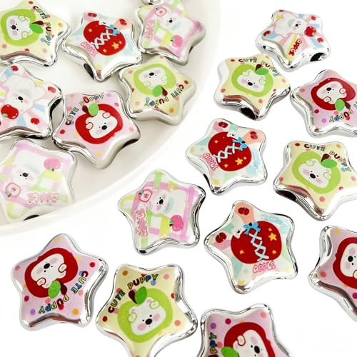 MKLKSDH 20PCS Acrylic Star Beads with Cute Pattern, 26 * 25MM Large Star Beads Bulk for Crafting Pens Keychain Jewelry Bracelet Hair Band Phone Strap DIY Making
