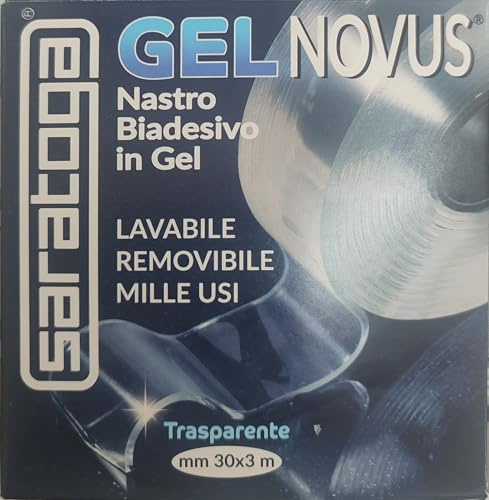SARATOGA GEL NOVUS Nastro Biadesivo in Gel, Trasparente, 30mm x 3m, Lavabile e Riutilizzabile, Per Interni ed Esterni