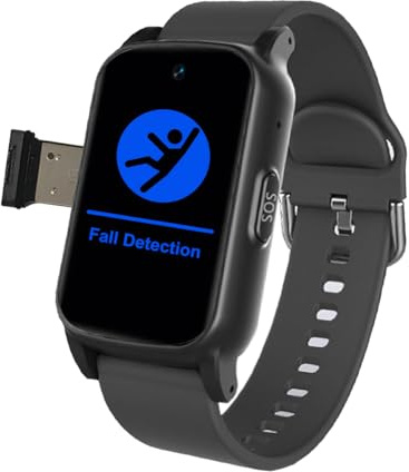 VCYEX Montre Connectée avec Détection De Chute, Montre D'appel d'urgence - pour Personnes Âgées - Bouton SOS, GPS, Appels/appels Vidéo, Fréquence CardiaqueBlack,1.25 * 0.57 * 2.22inch
