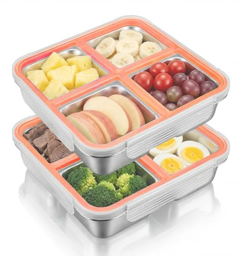 Zynaxir 2 Pcs Snack Box with 4 Compartments Lunch Boxes Reusable Stainless Steel Bento Box Leakproof Metal Food Containers with Lids for Home Work Travel (720ML, Orange)
