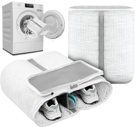 Skotvättpåse XL, 2 i 1 skotvättpåse tvättmaskin, tvättpåse för skor och sneakers med extra rengöringsfack för sulor, skotvättpåse för skor, tvättnät, förstärkt dragkedja (vit)
