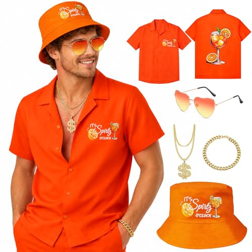 Maazusa Costume de spitz - Lot de 5 - Orange - Avec chemise Apero, chapeau de pêcheur, cœur et lunettes de soleil - Bracelet pour été, Halloween, carnaval, fête à thème