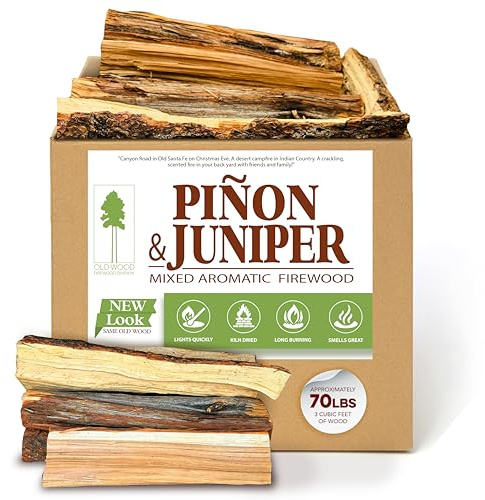 Old Wood Piñon & Juniper Firewood Box - Aromatic Blend for Indoor/Outdoor Use, 13-14 Inch Logs, Southwest Scent - Ideal for Fireplace, Fire Pit, Campfire & BBQ - Approximately 70 Pounds (3 Cubic Feet)