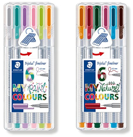Staedtler triplus Fineliner 6 Stück mit Box, ergonomischer Dreikant-Schaft (2er Set/Nature Colours +Pastel Colours)