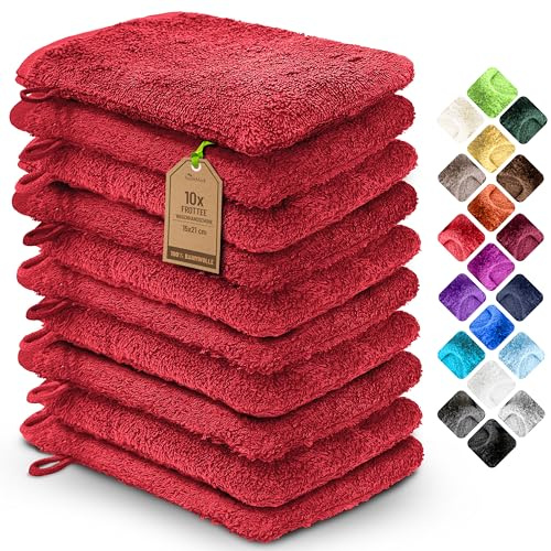 NatureMark Pack de 10 Guantes de Baño de Rizo 100% algodón – Suaves y Resistentes, Ideales para el Cuidado Diario y para Invitados – Rojo, 15x21 cm