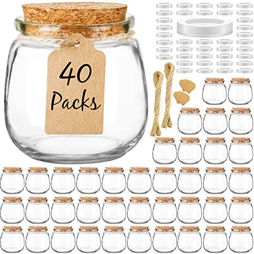 Syntic 40 Pack Empty Candle Jars for Candle Making, 7oz Small Glass Jars with Cork Lids, Honey Jars with PE Lids for Wedding Favor, DIY Gift, Baby Shower, Spices, with Twine, Labels, Tags