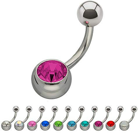 Treuheld® | Silbernes TITAN BAUCHNABELPIERCING mit KRISTALL - [58.] 1.6mm x 10mm (Kugeln: 5mm + 8mm) - fuchsia