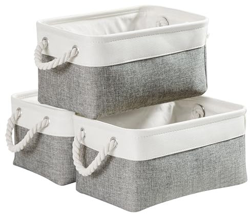 Mangata 3 Stück aufbewahrungskorb Stoff, Kleine aufbewahrungsbox Schrank, Korb aufbewahrung Stoff mit Baumwolle Seil für Spielzeug, kleiderschrank, Regale, Kleidung (Faltbare, Grau Weiß)