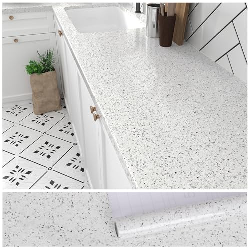 VEELIKE 15.7''x118'' Granite Contact Paper for Countertops Waterproof Self Adhesive White Granite Wallpaper Peel and Stick Countertops for Cabinets Kitchen Bathroom Counter Top Removable Film Vinyl