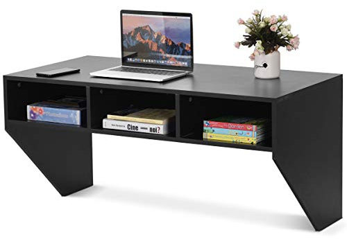 COSTWAY trä väggbord, väggmonterat datorbord med 3 skåp, väggmonterat laptopbord matbord, väggskåp ledge för kök vardagsrum kontor (svart)