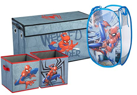 Idea Nuova Marvel Spiderman Lot de 4 solutions de rangement pliables avec panier pop-up, coffre de rangement pliable et 2 cubes de rangement pliables