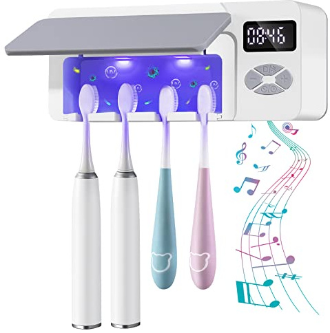 AONCO Toothbrush Holder with UV Cleaning, Multifunctional Bathroom Wall Mounted Toothbrush Holder with Bluetooth Music Player, 4000mAh USB Charging, Electric Toothbrushes Organizer