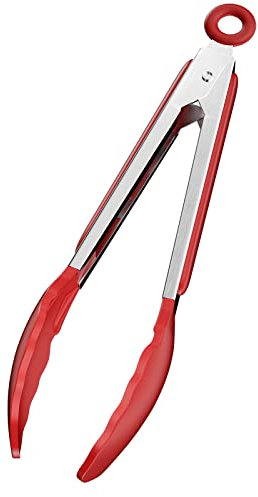 Newaner küchenzange edelstahl 9 Zoll Grillzange, Küchenzangen aus Silikon Lebensmittelqualität, mit Schloss und Rutschfester Griff, Küchenutensilien-Zubehör für Nudeln, Fleisch, Frikadellen etc(Rot)
