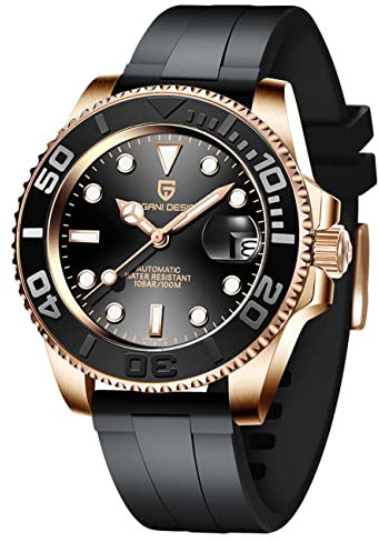 Pagani Design Herrenuhr Automatik - Japanisches Automatikwerk - Edelstahl Armbanduhr Herren (PD-1651) - 100M Wasserdicht - Saphirglas - Elegante Männer Uhr（Kautschuk Roségold）