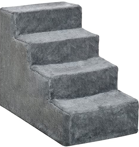PawHut Escalier pour Chien à 4 marches escalier pour Chat échelle antidérapante pour Animaux de Compagnie Housse Amovible et Lavable 60 x 35 x 44 cm Gris Clair
