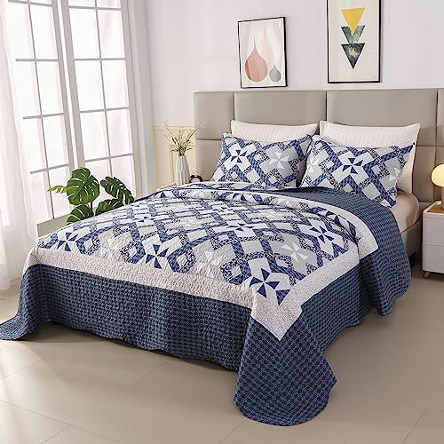 Qucover Colcha Cama 180,Cubrecama 270x250cm Patchwork Etnico Algodón y Microfibra Suave, Colcha Azul Reversible Manta Cama con 2 Fundas de Almohada para Todas Las Estaciones