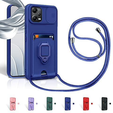 Aithne Case für Xiaomi Redmi Note 12 Pro 5G / Poco X5 Pro 5G Handykette Hüll,Slide kameraschutz,Silikon Handyhülle zum Umhängen Kette,360 Grad Ringhalter Stand Kartenfach-Blau