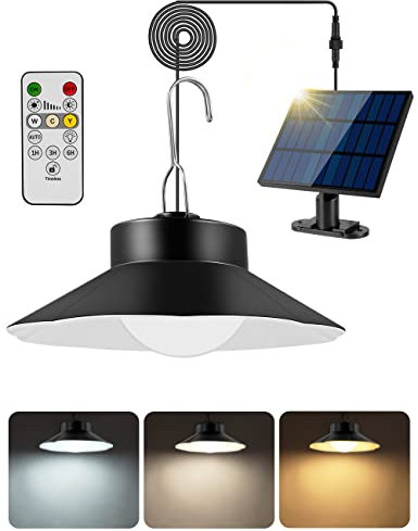 Sararoom Lámpara solares Colgantes LED, 500LM/4 Modo Luz Solar Exterior y Interior, IP65 Impermeable Luce Colgante con Mando, 3 Color/Timer/Sensor Crepuscular/Cable 5M para Jardín Garaje Terraza