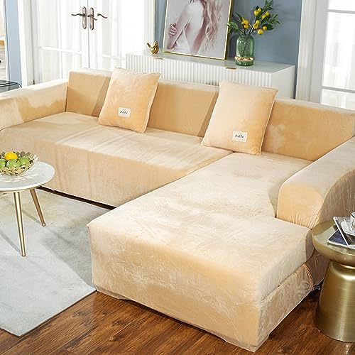 JunJiale Soffskydd 2-delat L-format 3+4-sitsigt sofföverdrag i sammet, stretch, vilstol, skydd för möbler, soffa, loveseat överdrag skydd (risgul)